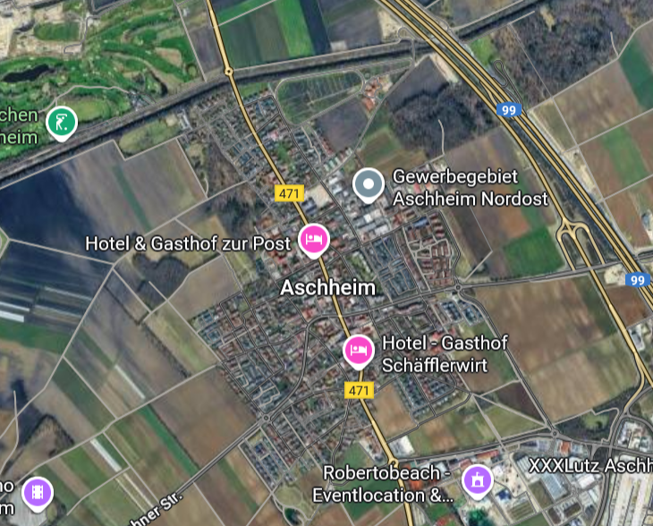 Karte von Aschheim mit markiertem Servicegebiet für Photovoltaik