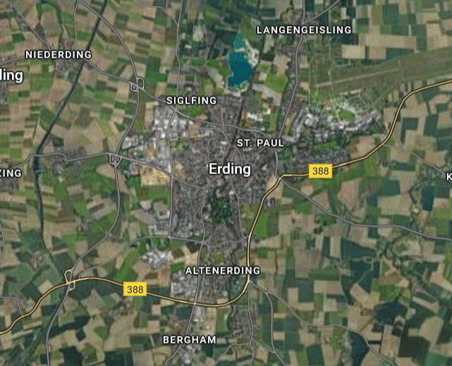 Photovoltaik-Servicegebiet in Erding auf einer Karte dargestellt