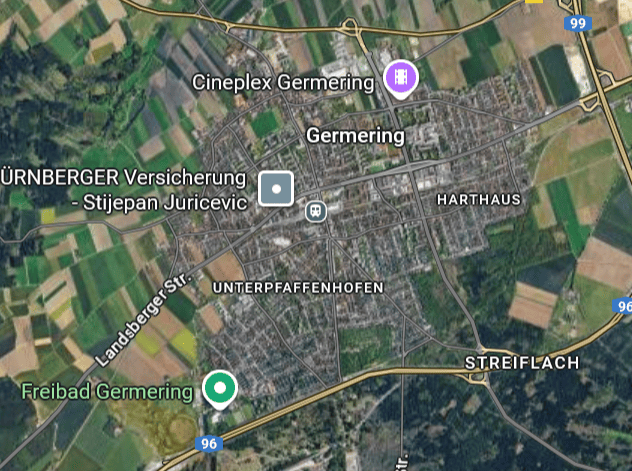Photovoltaik-Servicegebiet in Germering auf einer Karte dargestellt