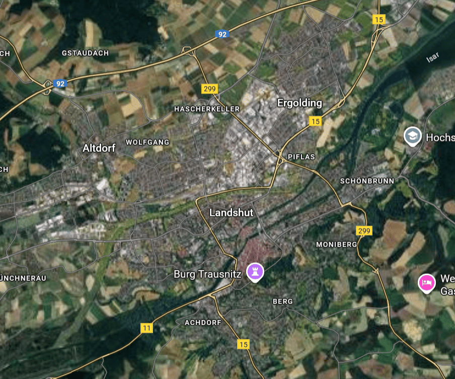 Photovoltaik-Servicegebiet in Landshut auf einer Karte dargestellt